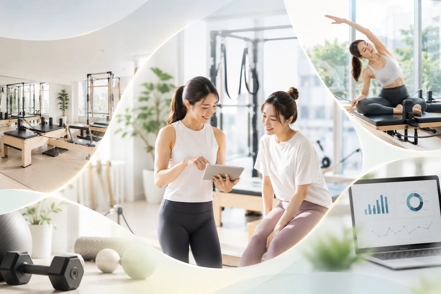 ピラティス・パーソナルジムのスタジオ風景とトレーナーの打ち合わせの様子